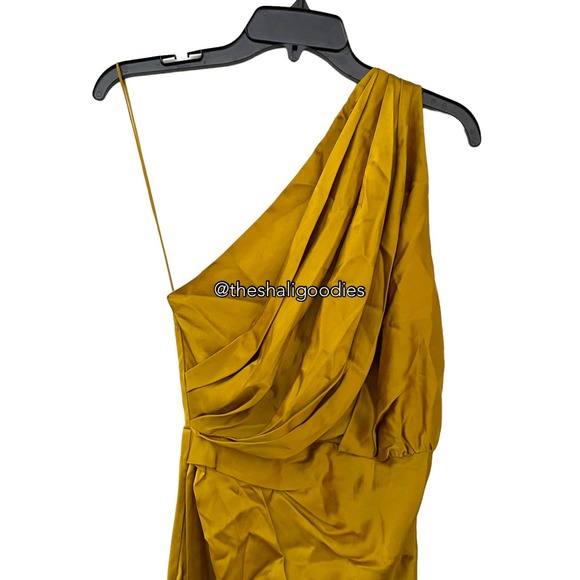 THE SEI Asymmetrical Drape Dress Yellow Silk Midi - Picture 4 of 7